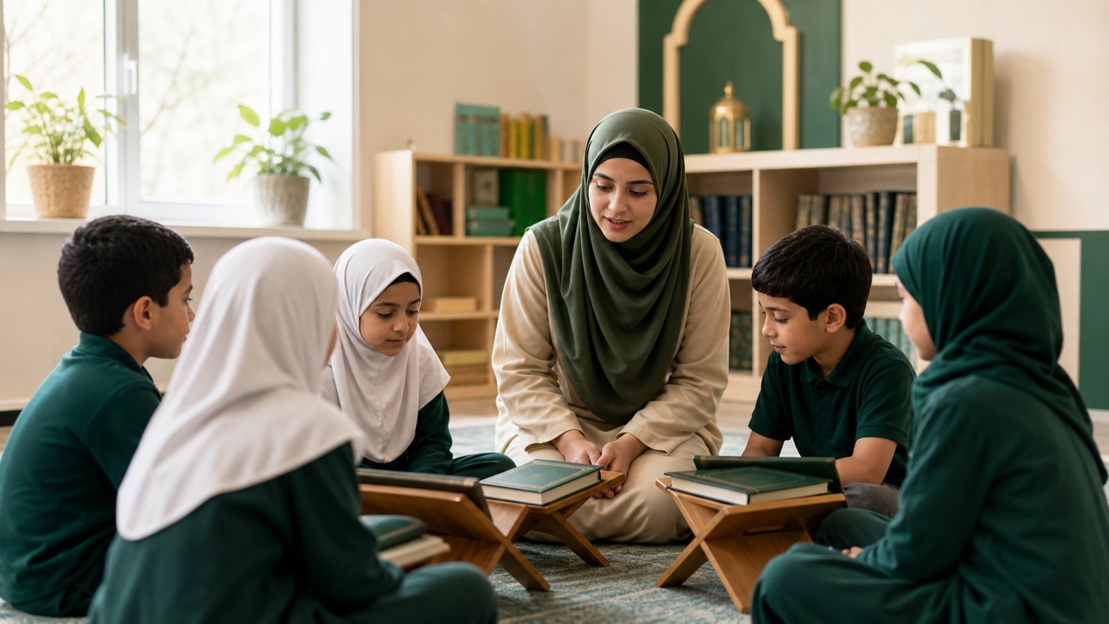 Student reviewing Quran in an Islamic school setting