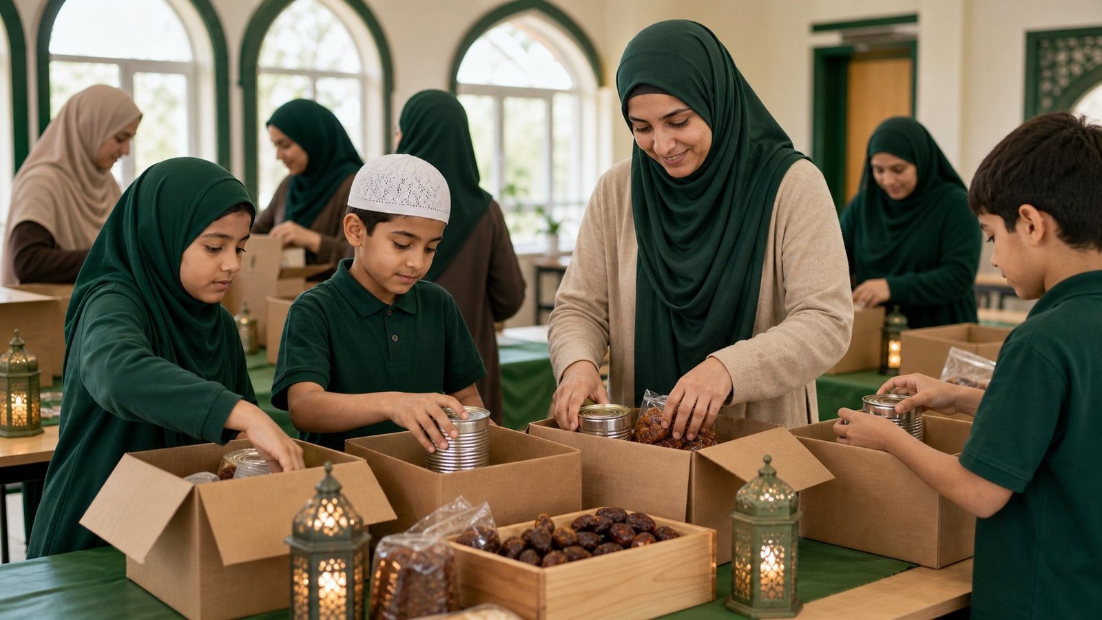 Students and families packing Ramadan fundraiser care boxes